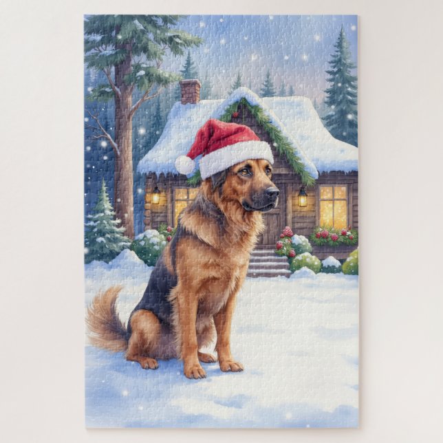 Hanoverian Scenthound Snowy Forest Cabin Santa Hat (Vertikal)