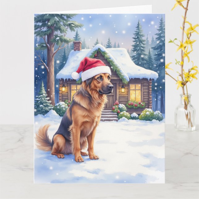 Hanoverian Scenthound Snowy Forest Cabin Santa Hat Karte (Gelbe Blume)