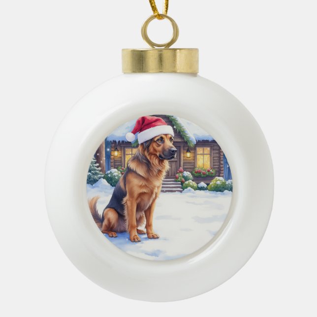 Hanoverian Scenthound Snowy Forest Cabin Santa Hat Keramik Kugel-Ornament (Vorderseite)