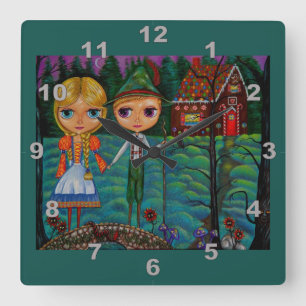 Hansel and Gretel Dolls Cute Gingerbread House Quadratische Wanduhr