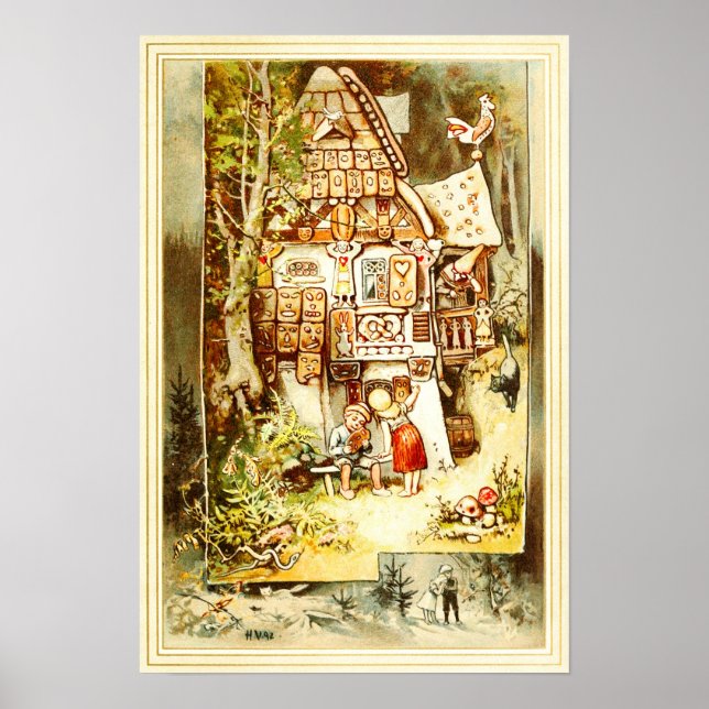 Hansel und Gretel an der Hütte Gingerbread Poster (Vorne)
