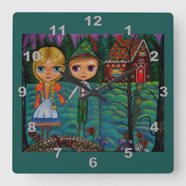 Hansel und Gretel Dolls Niedlich Gingerbrot House Quadratische Wanduhr (Vorderseite)