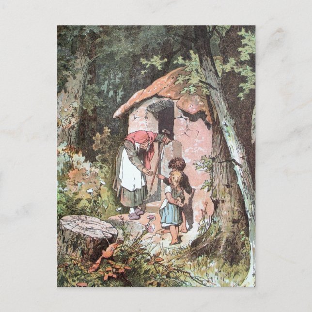 Hansel und Gretel und die Hexe an der Tür Postkarte (Vorderseite)