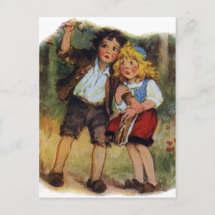 Hänsel und Gretel verirren sich im Wald Postkarte