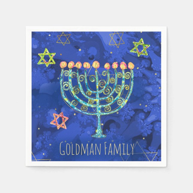 Hanukkah Aqua Menorah Star von David auf Blue Serviette (Vorderseite)