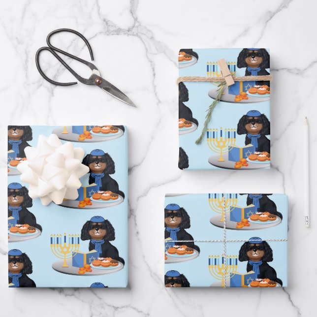 Hanukkah Black und Tan Cavalier King Charles Spani Geschenkpapier Set (Vorderseite)
