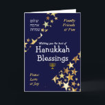 HANUKKAH BLESSINGS Peace Liebe Joy Stars HEBREW Feiertagskarte<br><div class="desc">Stilvolle blau-goldene HANUKKAH GREETING CARD, um Ihrer Familie und Freunden ein Happy Hanukkah zu wünschen, das heißt, WISHING YOU THE BEST OF HANUKKAH BLESSINGS in weißer Typografie mit FAMILY, FRIENDS & FUN und PEACE, LIEBE & JOY in goldfarbener Typografie in den Ecken in den Ecken. PEACE, LIEBE, JOY ist auch...</div>