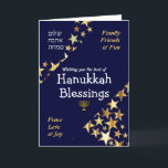 HANUKKAH BLESSINGS Peace Liebe Joy Stars HEBREW Feiertagskarte<br><div class="desc">Stilvolle blau-goldene HANUKKAH GREETING CARD, um Ihrer Familie und Freunden ein Happy Hanukkah zu wünschen, das heißt, WISHING YOU THE BEST OF HANUKKAH BLESSINGS in weißer Typografie mit FAMILY, FRIENDS & FUN und PEACE, LIEBE & JOY in goldfarbener Typografie in den Ecken in den Ecken. PEACE, LIEBE, JOY ist auch...</div>