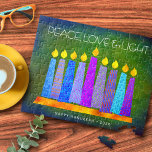 Hanukkah Blue Boho Candles Green Peace Liebe Light<br><div class="desc">"Frieden, Liebe und Licht." Eine spielerische, moderne, künstlerische Abbildung von Boho Musterkerzen in einer Menorah hilft Ihnen, den Urlaub von Hanukkah zu beginnen. Die blauen Kerzen mit bunten Imitat-Folienmustern überlagern einen reichen, tiefgrünen, strukturierten Hintergrund. Genießen Sie die Wärme und Freude der Ferienzeit, wenn Sie dieses atemberaubende, farbenfrohe Hanukkah-Puzzle benutzen. Passende...</div>