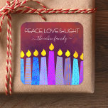 Hanukkah Blue Boho Candles Red Peace Liebe Light Quadratischer Aufkleber<br><div class="desc">"Frieden, Liebe und Licht." Eine spielerische, moderne, künstlerische Illustration von Boho Musterkerzen hilft Ihnen, den Urlaub in Hanukka zu beginnen. Die blauen Kerzen mit bunten Imitat-Folienmustern überlagern einen reichen, tief verbrannten, orangefarbenen Hintergrund. Genießen Sie die Wärme und Freude der Ferienzeit, wenn Sie diesen atemberaubenden, farbenfrohen, personalisierten individuelle Name Hanukkah Aufkleber...</div>