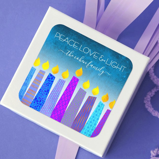 Hanukkah Blue Boho Candles Türkis Peace Liebe Quadratischer Aufkleber (Von Creator hochgeladen)