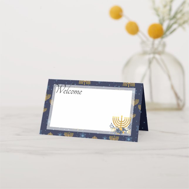 Hanukkah Blue & Gold Menorah Muster Navy Blue Platzkarte (Vorderseite)