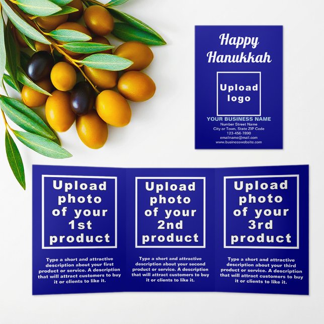 Hanukkah Blue Trifold Card Dreifach Gefaltete Karte (Hanukkah greeting, business brand and products on blue trifold card)