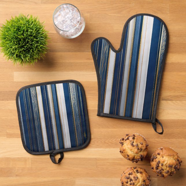 Hanukkah Blues Stripes Blue White Ofenhandschuh & Topflappen-Set (Oben Unten)