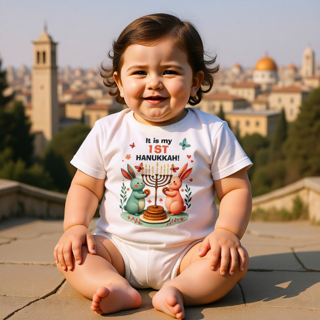 Hanukkah Bunny’s First Bright Night Baby Strampler (Hanukkah Bunny’s First Bright Night Baby Bodysuit, custom text)