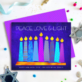 Hanukkah Candles Peace Liebe Light Blue Card