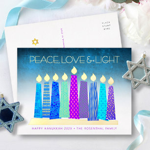 Hanukkah Candles Peace Liebe Turquoise Real Gold Folien Feiertagspostkarte