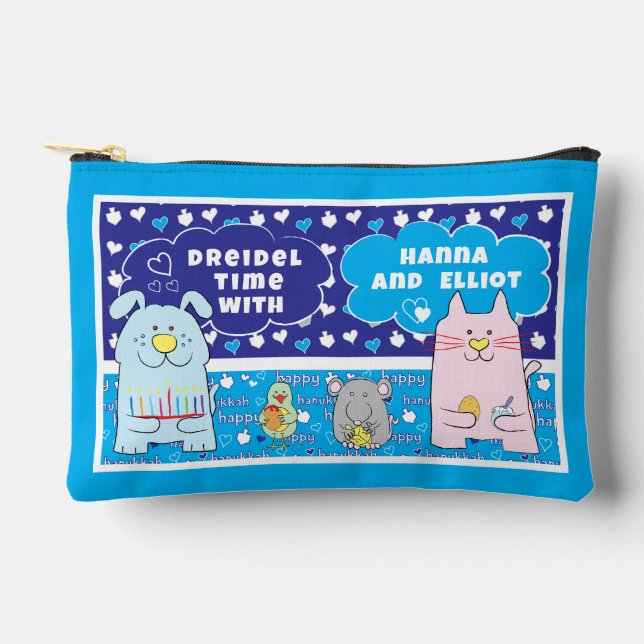 Hanukkah Cat Dog Mouse Bird Play Dreidel Zubehörtasche (Vorderseite)