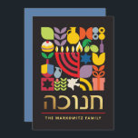 Hanukkah Chanukah Menorah Jüdische Stars Dreidel Feiertagskarte<br><div class="desc">Hanukkah / Chanukah farbenfrohe moderne geometrische Muster-Karte mit Imitats Gold Foil. Menorah, Dreidel, Donuts, Stars & Olivenöl... Sie sind alle hier. Hebräisch & jüdisch Hanukkah Symbole Space, um Ihren personalisierten Text auf der Vorderseite und umgekehrt hinzuzufügen. Alles Gute wünscht Hanukkah. Hebräisch auf der Vorderseite sagt "Chanukah". Dieses hochklassige, schöne, aussehen,...</div>