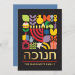 Hanukkah Chanukah Menorah Jüdische Stars Dreidel Feiertagskarte<br><div class="desc">Hanukkah / Chanukah farbenfrohe moderne geometrische Muster-Karte mit Imitate Gold Foil. Menorah, Dreidel, Donuts, Stars & Olivenöl... Sie sind alle hier. Hebräisch & jüdisch Hanukkah Symbole Space, um Ihren personalisierten Text auf der Vorderseite und umgekehrt hinzuzufügen. Alles Gute wünscht Hanukkah. Hebräisch auf der Vorderseite sagt "Chanukah". Dieses hochklassige, schöne, aussehen,...</div>
