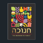 Hanukkah Chanukah Menorah Jüdische Stars Dreidel Feiertagspostkarte<br><div class="desc">Hanukkah / Chanukah farbenfrohe moderne geometrische Muster-Karte mit Imitate Gold Foil. Menorah, Dreidel, Donuts, Stars & Olivenöl... Sie sind alle hier. Hebräisch & jüdisch Hanukkah Symbole Platz, um Ihren personalisierten Text hinzuzufügen. Alles Gute wünscht Hanukkah. Hebräisch auf der Vorderseite sagt "Chanukah". Dieses hochklassige, schöne, aussehen, ist eine großartige Möglichkeit, um...</div>