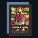 Hanukkah Chanukah Moderne jüdische Symbole Karte<br><div class="desc">Hanukkah / Chanukah farbenfrohe moderne geometrische Muster-Karte mit Imitate Gold Foil. Menorah, Dreidel, Donuts, Stars & Olivenöl... Sie sind alle hier. Hebräisch & jüdisch Hanukkah Symbole Space, um Ihren personalisierten Text auf der Vorderseite und umgekehrt hinzuzufügen. Alles Gute wünscht Hanukkah. Hebräisch auf der Vorderseite sagt "Chanukah". Dieses hochklassige, schöne, aussehen,...</div>