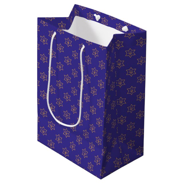 Hanukkah Chanukah Star von David Menorah Gold Blue Mittlere Geschenktüte (Vorderseite Schrägansicht)
