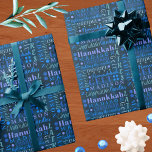 Hanukkah Collage Dark Blue Coole Niedliche Kinder  Geschenkpapier<br><div class="desc">Entwerfen Sie Ihre eigene Hanukka-Packpapier in dieser niedlich dunkelblauen Wortkollektion mit dem Namen Ihres Kindes, das den Urlaub feiert. Einfach zu personalisieren, fügen Sie einfach den Namen Ihres Kindes in die Textvorlage ein und schauen Sie zu, wie es in das tiefblaue Typografie-Design einpasst. Das Thema Chanukah umfasst Latkes, dreidels, Gelt...</div>