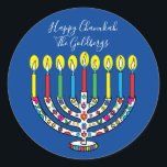 Hanukkah Colorful Menorah Hanukiah Runder Aufkleber<br><div class="desc">Farbenfroh, Happy Chanukah, Hanukiah Stickers Round. Viel Spaß mit diesen Aufklebern wie Tortenpfropfen, Geschenketiketten, Umschlag Aufklebern, Taschenschließungen oder was auch immer Ihre Festlichkeiten sind! Personalisieren Sie diese, indem Sie Text löschen und Ihre eigenen Wörter hinzufügen, indem Sie Stil, Größe und Farbe Ihres bevorzugten Schriftartes verwenden. Auch die Hintergrundfarbe kann ausgewechselt...</div>