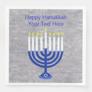 Hanukkah Dark Blue Menorah auf Imitaten Silver Lar Serviette