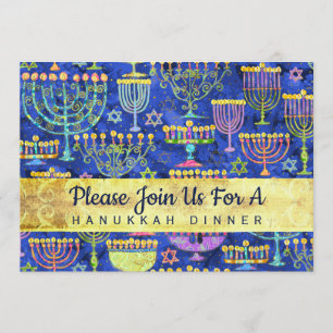 Hanukkah Dinner Gold Blue Menorah Star von David Einladung