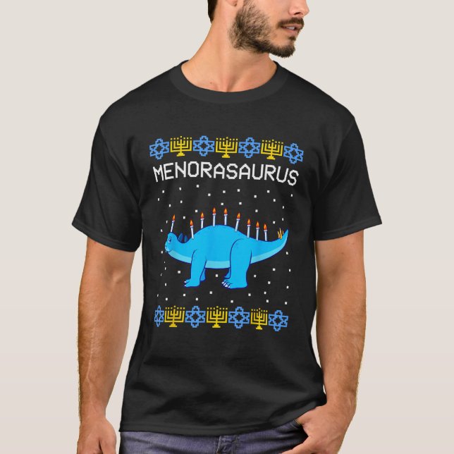 Hanukkah Dinosaur Menorasaurus Ugly Sweater Funny T-Shirt (Vorderseite)
