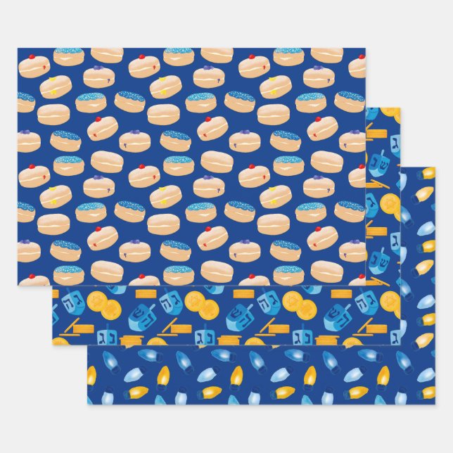 Hanukkah Dreidel, Gelt, Sufganiyot, String Lights Geschenkpapier Set (Set)