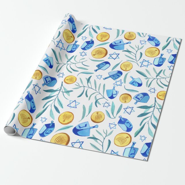 Hanukkah Dreidel Jüdisches Urlaubsmuster Wasserfar Geschenkpapier (Ungerollt)