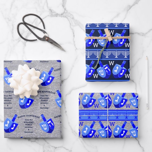 Hanukkah Dreidels Blue Monogram-Sortiment Geschenkpapier Set (Vorderseite)