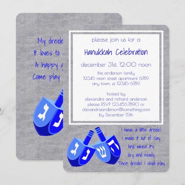 Hanukkah Dreidels im Blue Dreidel Song Party Einladung (Vorne/Hinten)