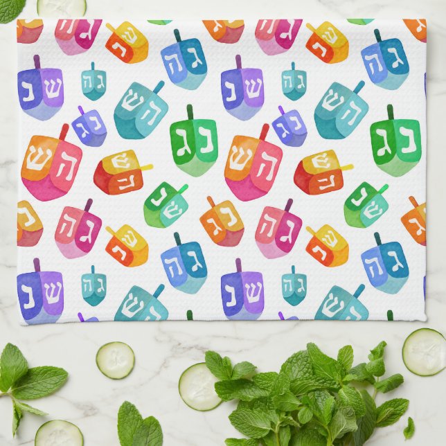 Hanukkah Dreidels Rainbow Watercolor Holiday Geschirrtuch (Gefaltet)
