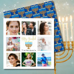 Hanukkah Familie Foto Collage Gold Blue Feiertagskarte<br><div class="desc">Eine einfache Collage von Fotos aus der Familie bilden diese persönliche Hanukkah Grußkarte. Auch ein Goldschmuck ist Teil des Designs. Auf der Rückseite ist Menorrah auf blauem Hintergrund gemustert. Ändern Sie einfach die Fotos für Ihre persönlichen Bilder.</div>