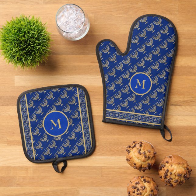 Hanukkah Festival Party Gold Menorah Monogram Ofenhandschuh & Topflappen-Set (Oben Unten)