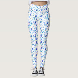 Hanukkah Festival Party Trendy Blue Doodle Muster Leggings