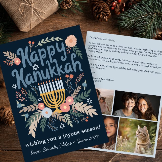 Hanukkah FLorals Handgezeichnet Art CUSTOM 4 FOTO Feiertagskarte (Hanukkah FLorals Hand-drawn Art CUSTOM 4 PHOTO Holiday Card
)