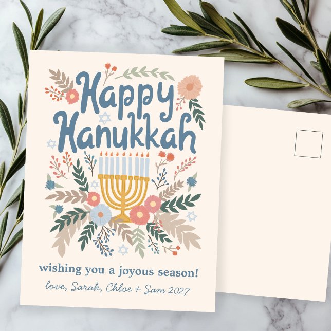 Hanukkah FLorals Handgezeichnet Kunst CUSTOM Feiertagspostkarte (Hanukkah FLorals Hand-drawn Art CUSTOM Holiday Postcard
)