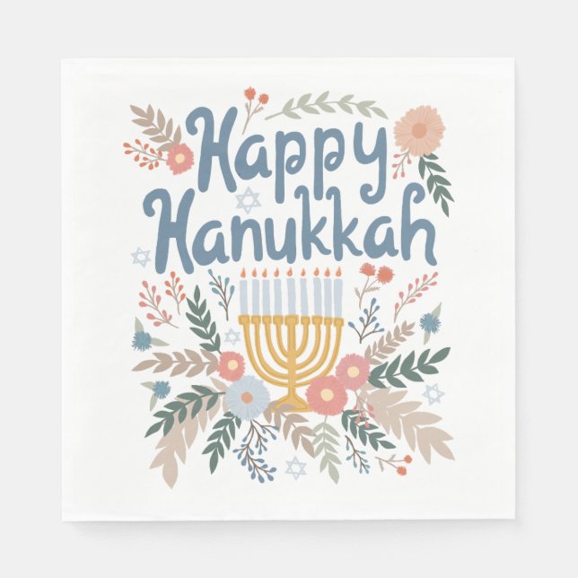 Hanukkah FLorals Handgezeichnet Kunst CUSTOM Serviette (Vorderseite)