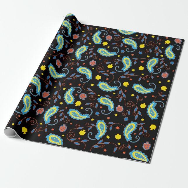 Hanukkah Gift Wrap "Paisley Dreidels and Stars" Geschenkpapier (Ungerollt)