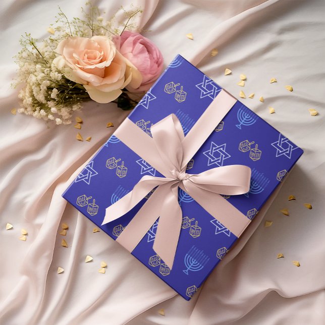 Hanukkah Gold Dreidel Star von David Menorah Blue Geschenkpapier (Von Creator hochgeladen)