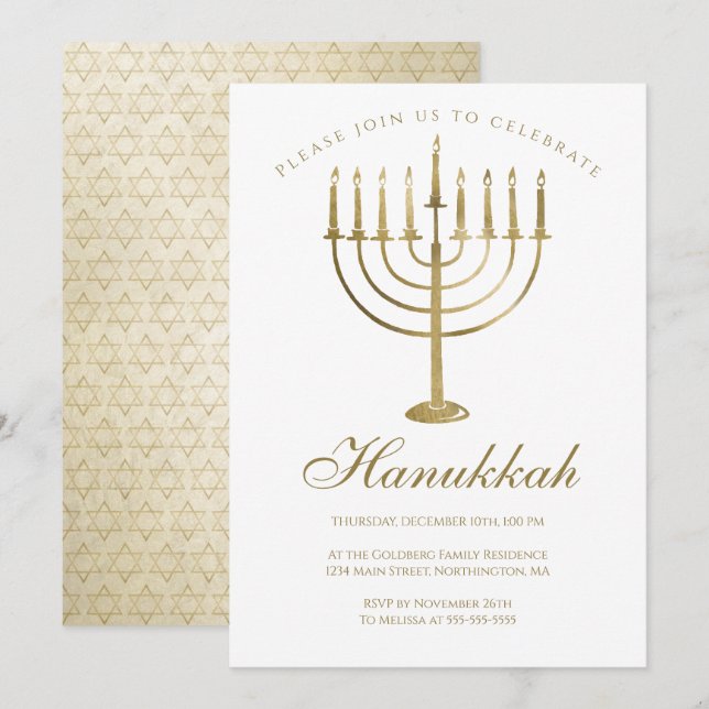 Hanukkah Gold Menorah Star der David Celebration Einladung (Vorne/Hinten)