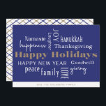 Hanukkah Greetings Holiday Blue Feiertagskarte<br><div class="desc">Collage of holiday greetings,  Happy Holidays,  Hanukkah,  New Year,  Goodwill,  Lachen,  Glück,  Namaste,  Joy,  Peace,  Liebe,  Erntedank,  Family & Giving. Passen Sie Ihren Namen und das Jahr an.</div>