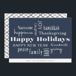 Hanukkah Greetings Holiday Navy Gold Feiertagskarte<br><div class="desc">Collage of holiday greetings,  Happy Holidays,  Hanukkah,  New Year,  Goodwill,  Lachen,  Glück,  Namaste,  Joy,  Peace,  Liebe,  Erntedank,  Family & Giving. Passen Sie Ihren Namen und das Jahr an.</div>