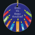 Hanukkah Happy Colorful Candles Ornament<br><div class="desc">Hanukkah Happy Colorful Candles Ornament.
Personalize each side by deleting existing text and adding your own with your favorite font style, color and size. Happy Hanukkah! Thanks for shopping and stopping by! Much appreciated!</div>