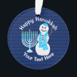 Hanukkah Juwish Snowman Blue Menorah Chrismukkka Ornament<br><div class="desc">Dieses personalisierte Hanukkah-Ornament kann man von einem Fenster aus, vom Kamin oder auf dem Chanukkah-Busch halten, wenn man eines hat. Ihre eigenen weißen Pop auf den marineblau Streifen auf der einen Seite, ohne Text und eine größere Version des lächelnden Schneemans und hellblau Hanukiah auf der anderen Seite. Ideal, um sich...</div>